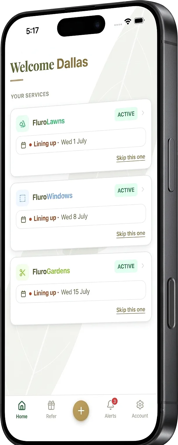 The FluroServices app home screen